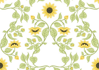 Sunflower Seamless pattern, background. Colored vector illustration In art nouveau style, vintage, old, retro style.