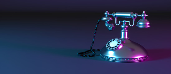 dark retro phone on a black background in neon light