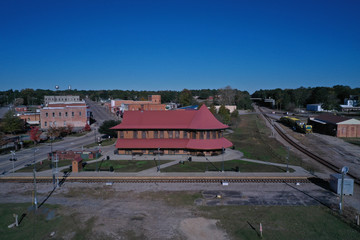 Aerial view of the Old Hamlet NC Train depot. Serving as the terminal for Amtrak. Old historic building.