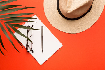 Summer vacation concept. Men's hat, glasses, notebook, pen and palm branch on a bright coral background