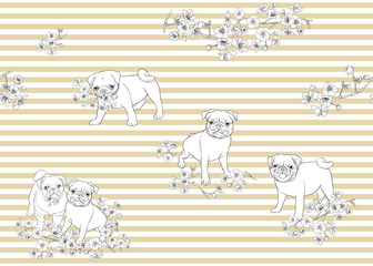 Obraz premium Seamless pattern with Pug dogs with blooming sakura spring flowers. Vector illustration. Outline hand drawing. On beige and white stripes background.