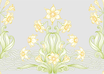 Narcissus. Seamless pattern, background. Colored vector illustration. In art nouveau style, vintage, old, retro style. In soft yellow colors. On soft grey background