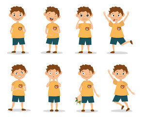 Fototapeta premium Funny kid boy emotion expressions. Boy showing facial emotions and various gestures. Isolated on white with shadow, vector illustration set