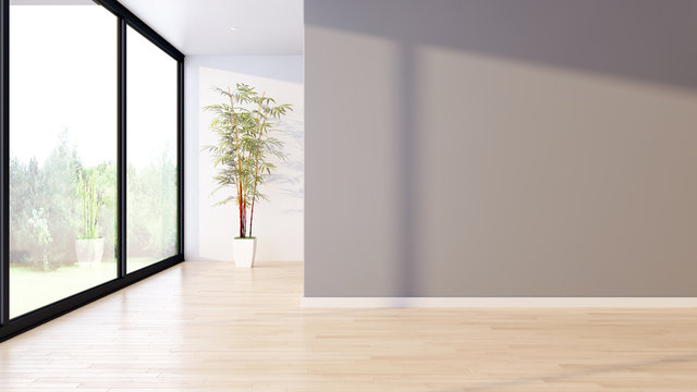 Idea of a white empty scandinavian room interior illustration 3D rendering with wooden floor and large wall and white. Background interior. Home nordic