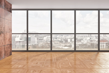 Fototapeta premium Idea of a white empty scandinavian room interior illustration 3D rendering with wooden floor and large wall and white. Background interior. Home nordic
