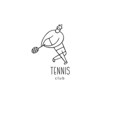 Vector hand drawn logo template, a male tennis player. Active way of life. Professional sport.