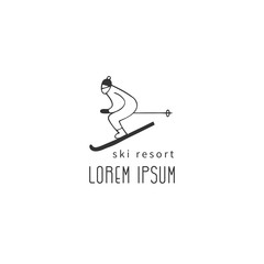 A skier man. Vector hand drawn logo template. Active way of life. For professional sport or outdoor activities.