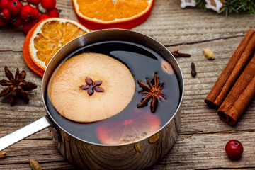 Mulled wine in a metal bowl
