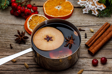 Mulled wine in a metal bowl