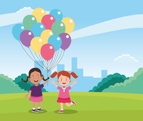 cartoon happy girls with colorful balloons