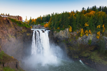 Snoqualmie Falls at dusk in autumn.