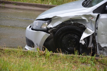 car crash accident on street, damaged automobiles after collision in city