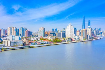 Papier Peint photo autocollant Pont de Nanpu Panoramic aerial photographs of the city on the banks of the Huangpu River in Shanghai, China