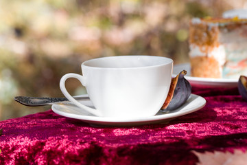 Fragrant tea in a white bowl on the nature, with spices and figs.