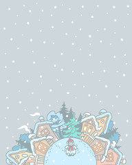 Winter village landscape with a snowman. Drawing Color illustration of doodle houses on circle on a gray background.