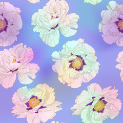 White peony flowers. Seamless pattern, background. Colored vector illustration. In botanical style In light ultra violet pastel colors on mesh pink, blue background