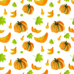 Seamless pattern of orange pumpkins, slices, green leaves and bottle gourds. Hand-drawn watercolor background