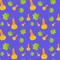 Seamless pattern of orange bottle gourds and green leaves. Hand-drawn watercolor background