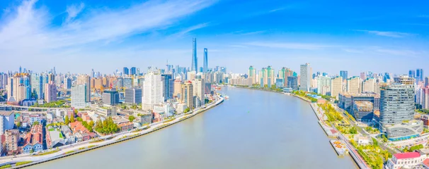 Papier Peint photo Lavable Pont de Nanpu Panoramic aerial photographs of the city on the banks of the Huangpu River in Shanghai, China