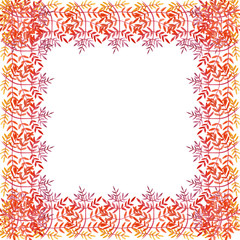 Ornamental watercolor frame template with red, orange, yellow twigs for greeting cards, posters, invitations