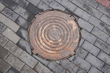 hatch, sewer, metal, cover, shell, texture, old, water, iron, street, round, drain, city,