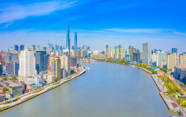 Fototapeta premium Panoramic aerial photographs of the city on the banks of the Huangpu River in Shanghai, China