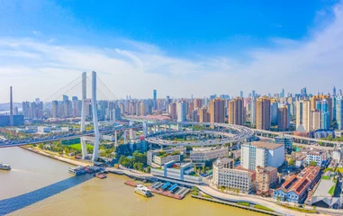 Papier Peint photo Pont de Nanpu Panoramic aerial photographs of the city on the banks of the Huangpu River in Shanghai, China