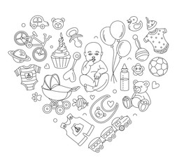 Baby goods store seamless background pattern Newborn products and toys.