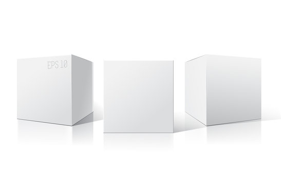 et of blank white packaging boxes. Three different positions. Vector illustration