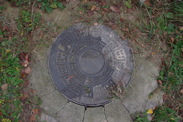 hatch, sewer, metal, cover, shell, texture, old, water, iron, street, round, drain, city,