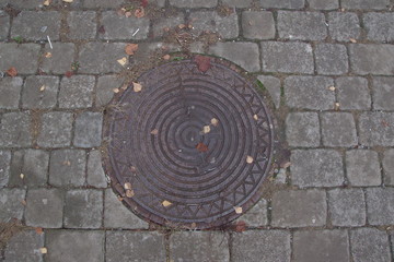 hatch, sewer, metal, cover, shell, texture, old, water, iron, street, round, drain, city,