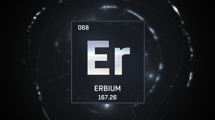 3D illustration of Erbium as Element 68 of the Periodic Table. Silver illuminated atom design...