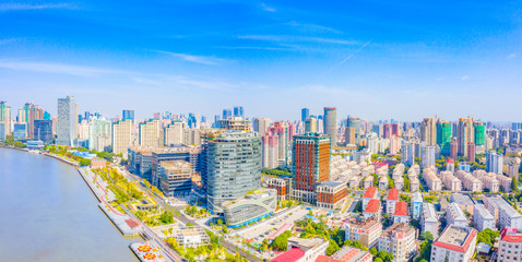 Panoramic aerial photographs of the city on the banks of the Huangpu River in Shanghai, China