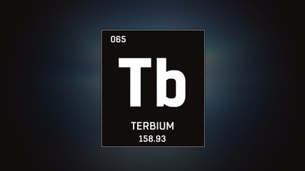 3D illustration of Terbium as Element 65 of the Periodic Table. Grey illuminated atom design background with orbiting electrons. Design shows name, atomic weight and element number