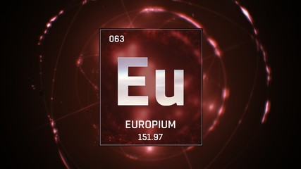 3D illustration of Europium as Element 63 of the Periodic Table. Red illuminated atom design background with orbiting electrons. Design shows name, atomic weight and element number