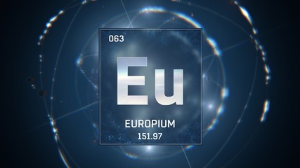 3D illustration of Europium as Element 63 of the Periodic Table. Blue illuminated atom design background with orbiting electrons. Design shows name, atomic weight and element number