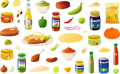 Vector illustration of various Latin American Mexian foods, ingredients and pantry items