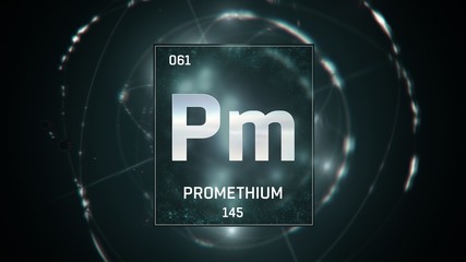 3D illustration of Promethium as Element 61 of the Periodic Table. Green illuminated atom design background with orbiting electrons. Design shows name, atomic weight and element number