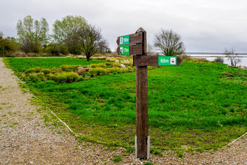 wooden direction indicator in the park with pictograms and distance signs