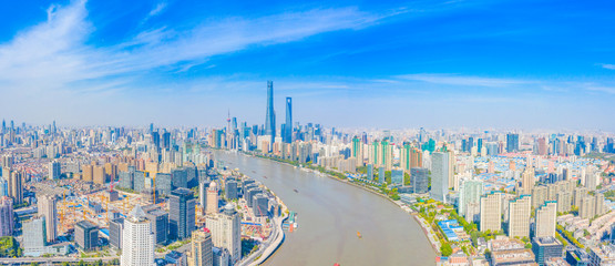 Panoramic aerial photographs of the city on the banks of the Huangpu River in Shanghai, China