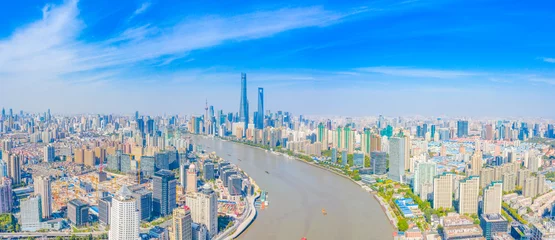 Cercles muraux Pont de Nanpu Panoramic aerial photographs of the city on the banks of the Huangpu River in Shanghai, China