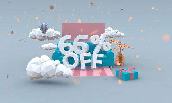 66% Sixty six percent off 3d design in cartoon style. Clearance concept.