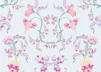 Fantasy floral seamless pattern in jacobean embroidery imitation, vintage, old, retro style. Vector illustration