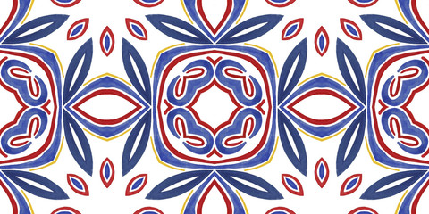 Embroidery in the traditions of Peru, Aztecs and Maya. Geometric folk ornament fabric.  Colorful seamless pattern in Spanish, Mexican, African,  American Indian rug. Tribal embroidery. Old carpet.