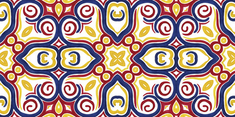 Embroidery in the traditions of Peru, Aztecs and Maya. Geometric folk ornament fabric.  Colorful seamless pattern in Spanish, Mexican, African,  American Indian rug. Tribal embroidery. Old carpet.