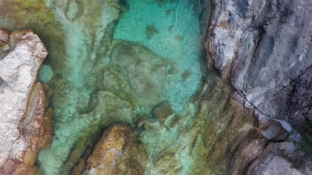 Aerial Vertical View Over The Surface Of A Mountain River Soca ,Triglav National Park. camera move upcamera move forward