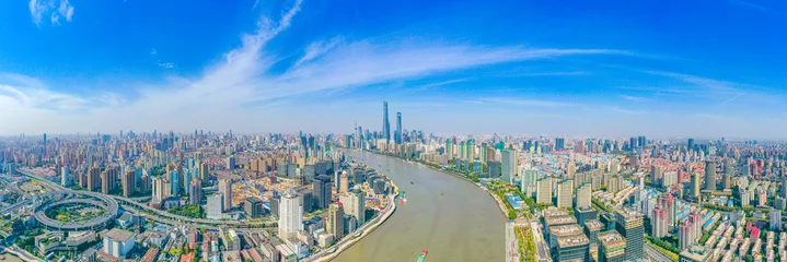 Papier Peint photo Pont de Nanpu Panoramic aerial photographs of the city on the banks of the Huangpu River in Shanghai, China