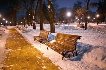 Winter park with benches covered with snow in the evening.