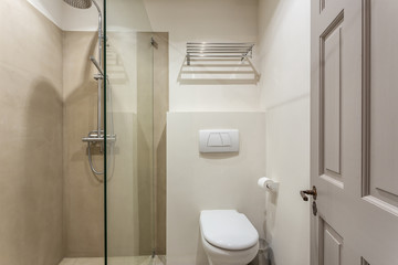 Bathroom in the apartment with a small shower.