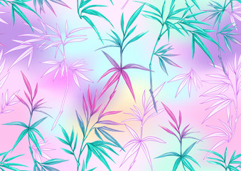 Fototapeta na wymiar Tropical plants and flowers. Seamless pattern, background. Colored and outline design. Vector illustration in neon, fluorescent colors. On mash background..